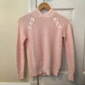 pink knitted Abercrombie ribbon hooded sweater